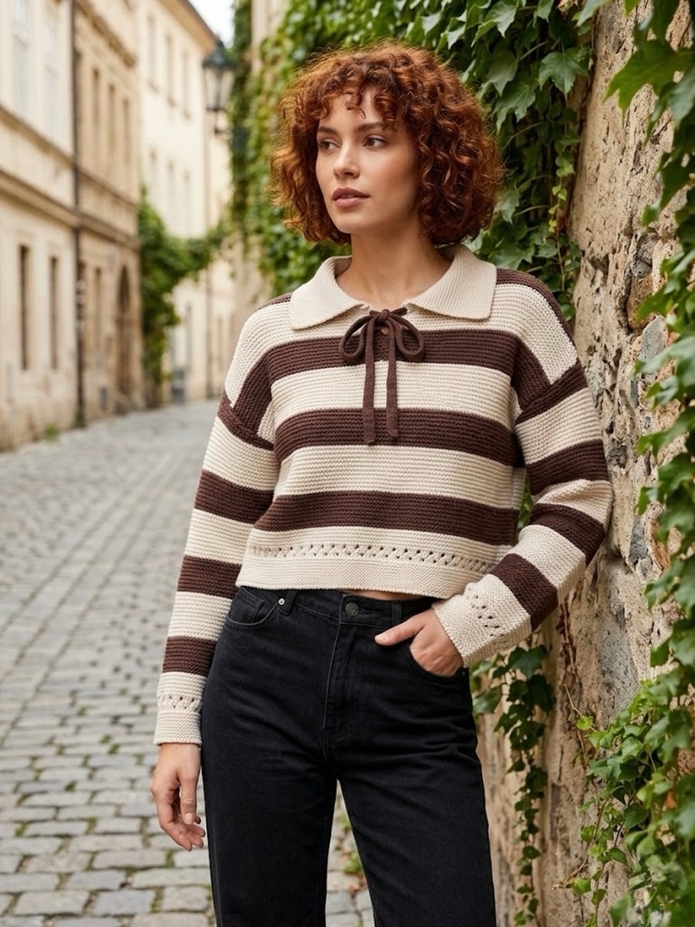 Striped Collared Knit Sweater in Brown and Cream